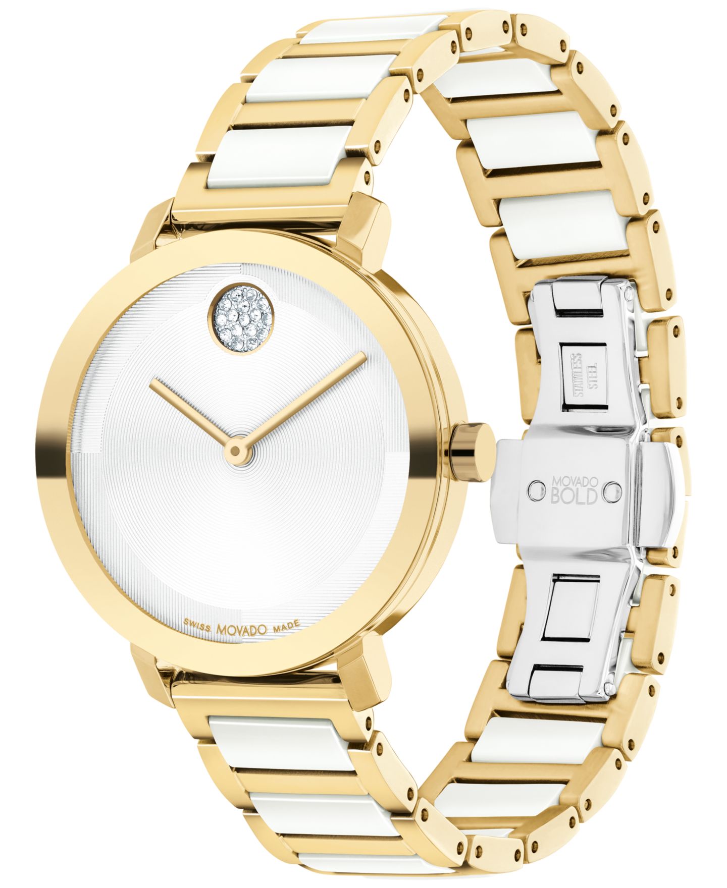 Женские часы Movado Swiss Bold Evolution 2.0 White Ceramic & Gold Ion Plated Steel Bracelet Watch 34mm — фото 2
