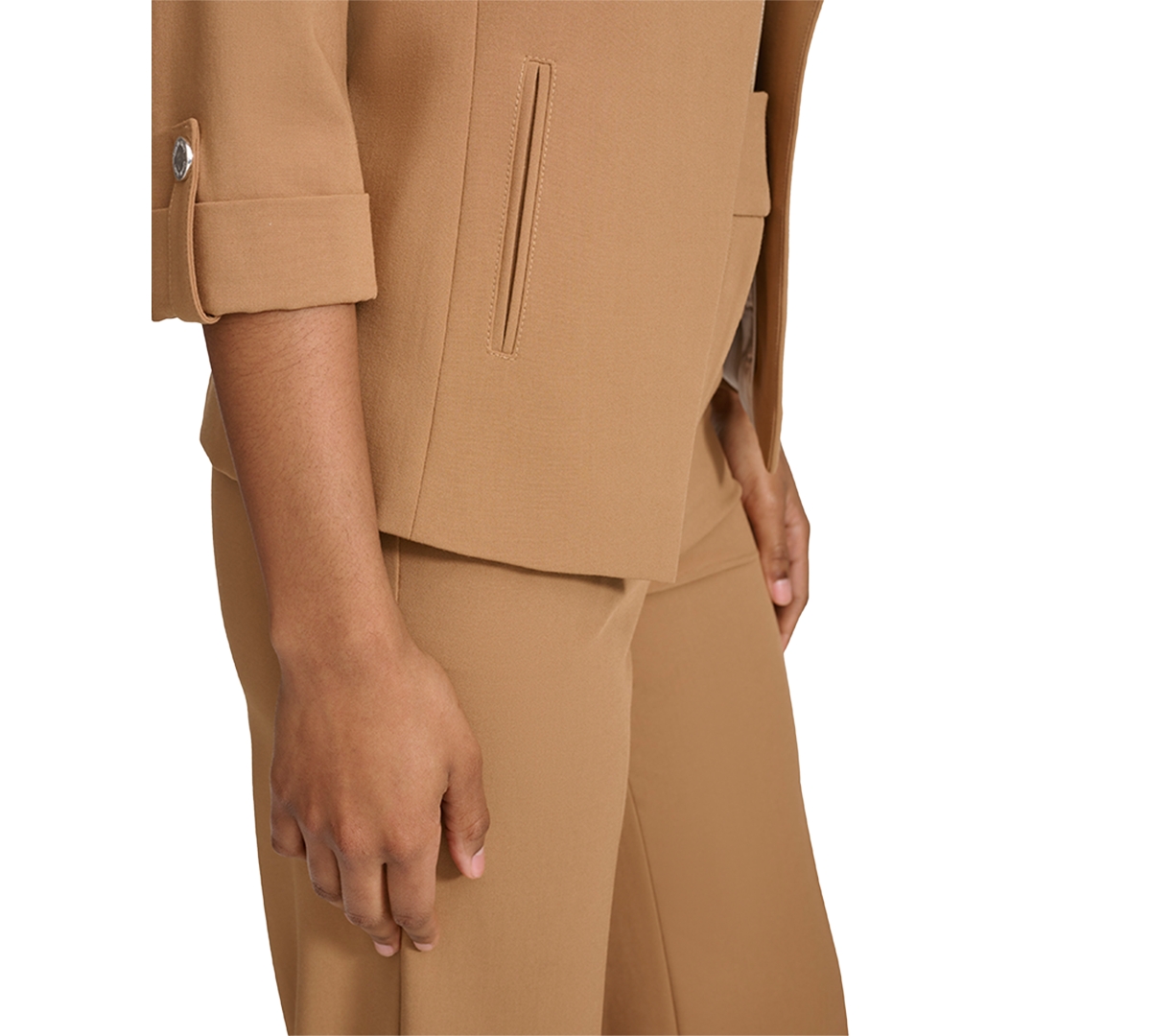 Shop Calvin Klein Petite Open-front Roll-tab-sleeve Asymmetrical Jacket In Luggage