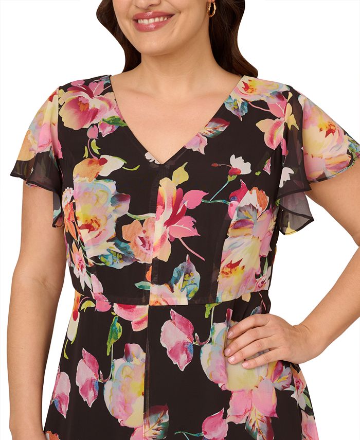 Adrianna Papell Women's Ruffled Floral Print Jumpsuit Black Size 16