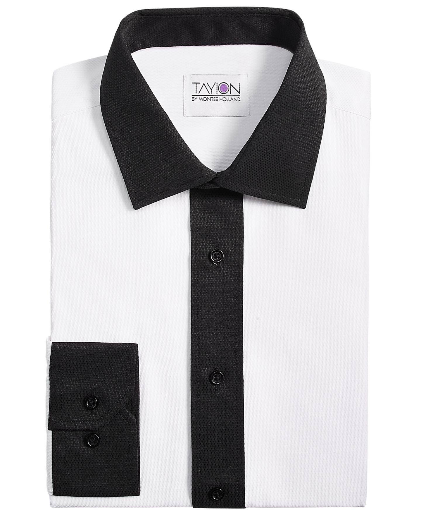 Мужская рубашка Tayion Collection Slim-Fit Black Trim Solid Dress Shirt, цвет: Белый / Чёрный — фото 3