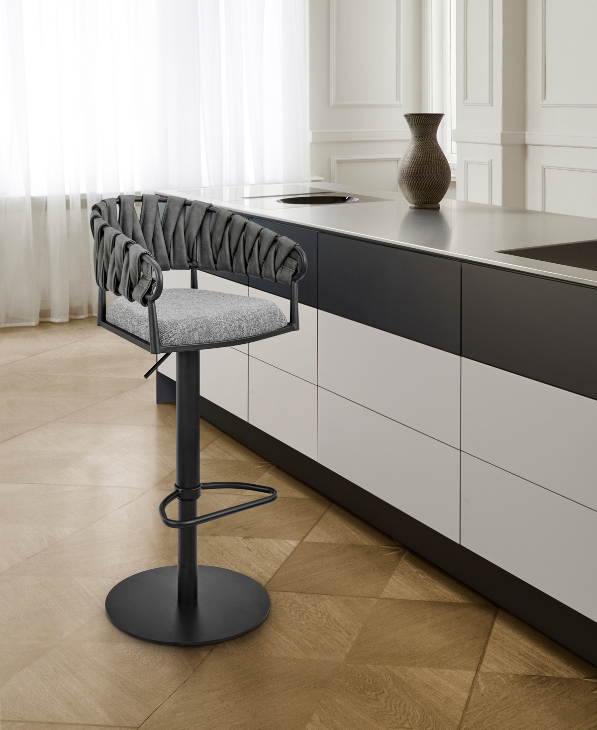Armen Living 32"-42" Blaise Adjustable Swivel Counter Or Bar Stool In Metal With Fabric And Faux Leather In Gray