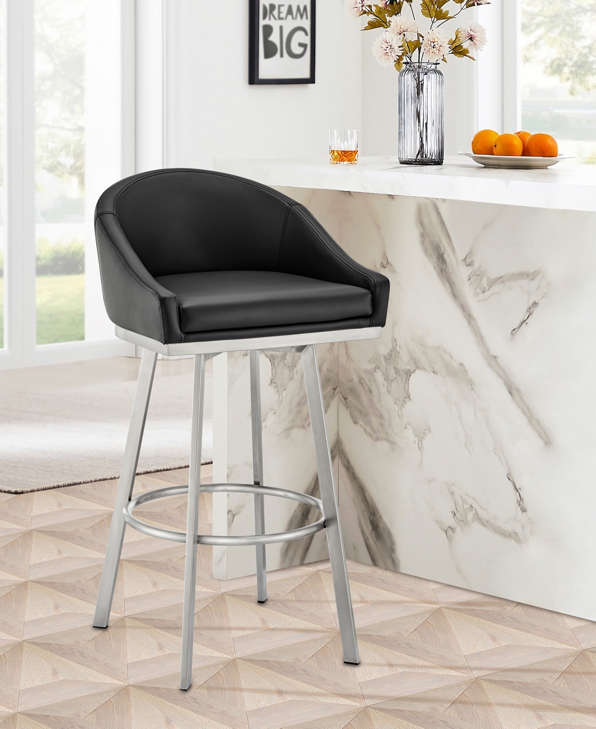 Shop Armen Living Eleanor 26" Swivel Counter Stool In Brushed Stainless Steel And Faux Leather In Black,brushed Stainless Steel