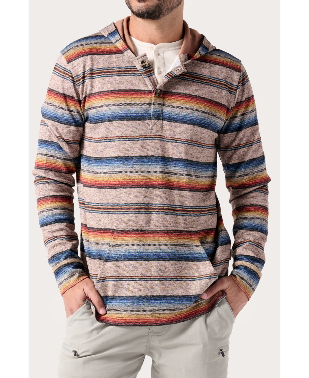 Odyssey Men's Printed Hoodie Pullover with Henley Placket - Tan navajo