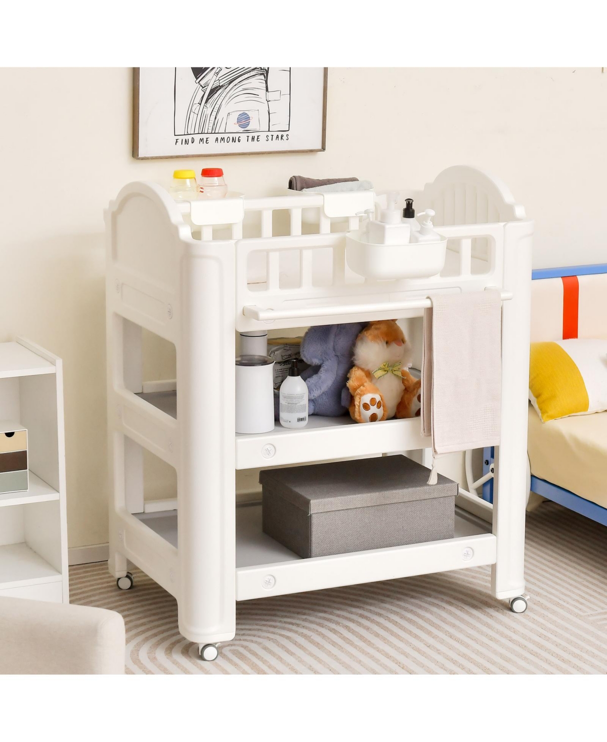 Slickblue Mobile Diaper Changing Station with Storage Shelves and Boxes- Beige