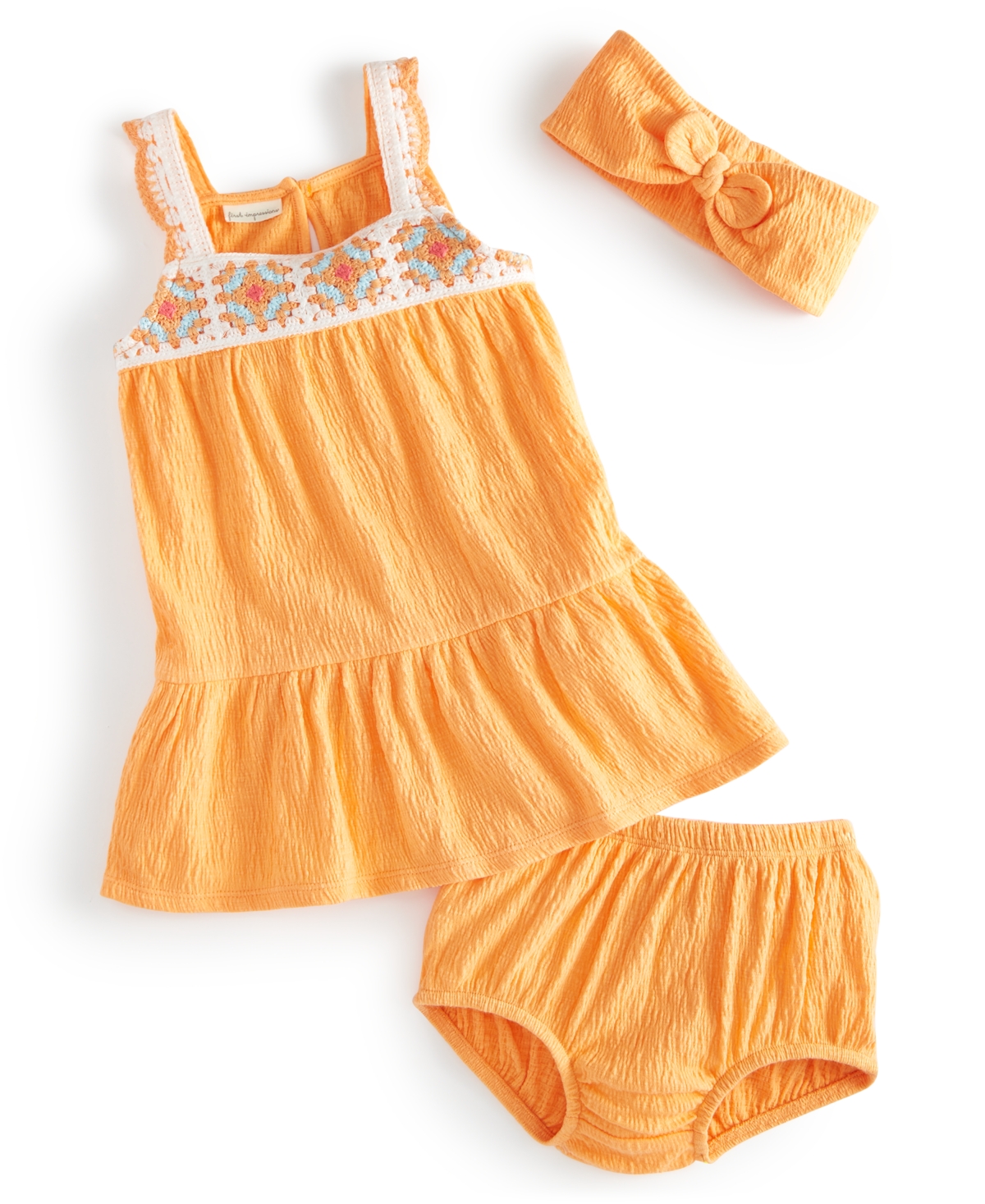 Shop First Impressions Baby Girls Gauze Headband, Dress & Bloomers, 3 Piece Set, Created For Macy's In Melon Sorbet