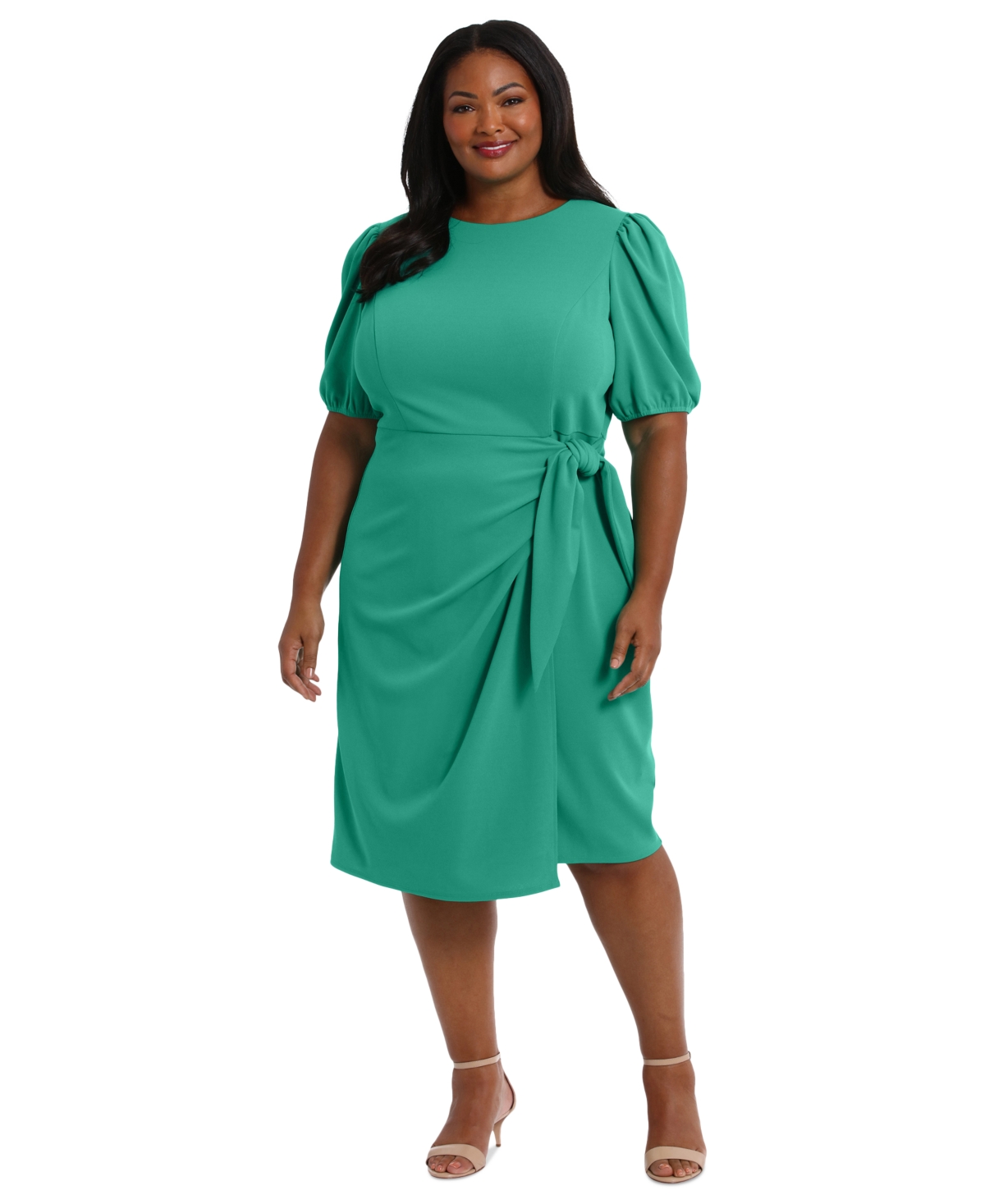 Shop London Times Plus Size Puff-sleeve Tie-waist Dress In Golf Green