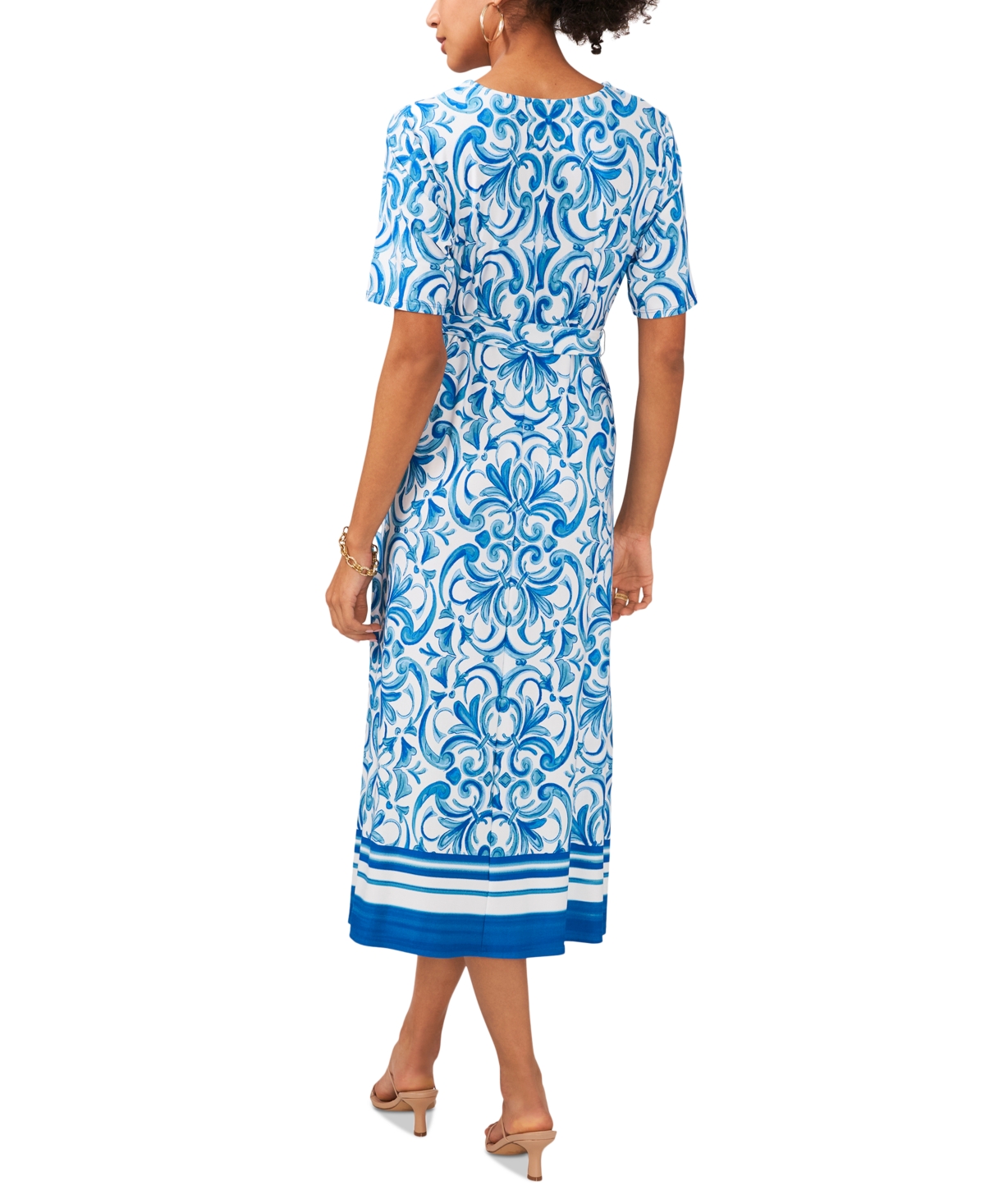 Shop Msk Petite Printed Border-hem Tie-waist Midi Dress In New Ivory
