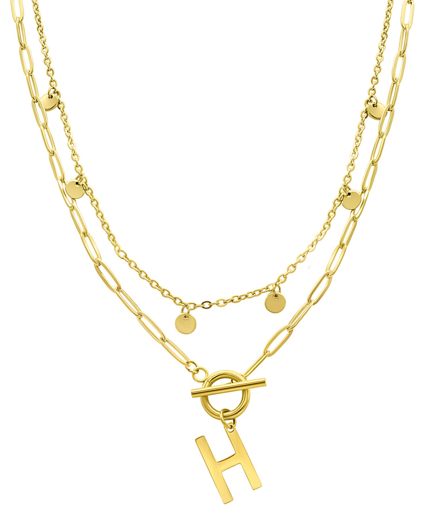 Tarnish Resistant 14K Gold-Plated Confetti and Paperclip Layered Initial Toggle Necklace