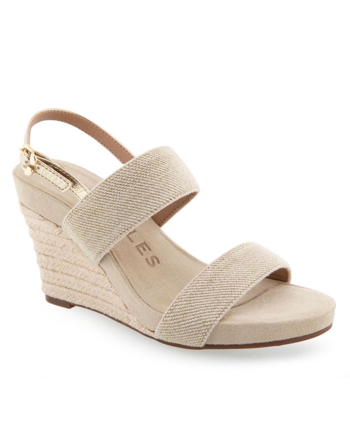 Shop Aerosoles Women's Paxton Buckle Strap Wedge Sandals In Soft Gold Elastic