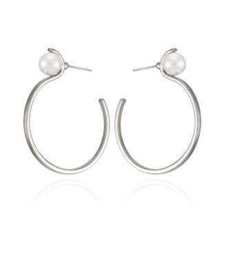 Silver-Tone Imitation Pearl Open C Hoop Earrings