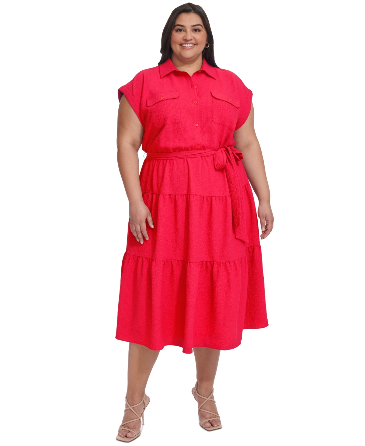 Shop Dkny Plus Size Tiered Fit & Flare Shirtdress In Lipstick