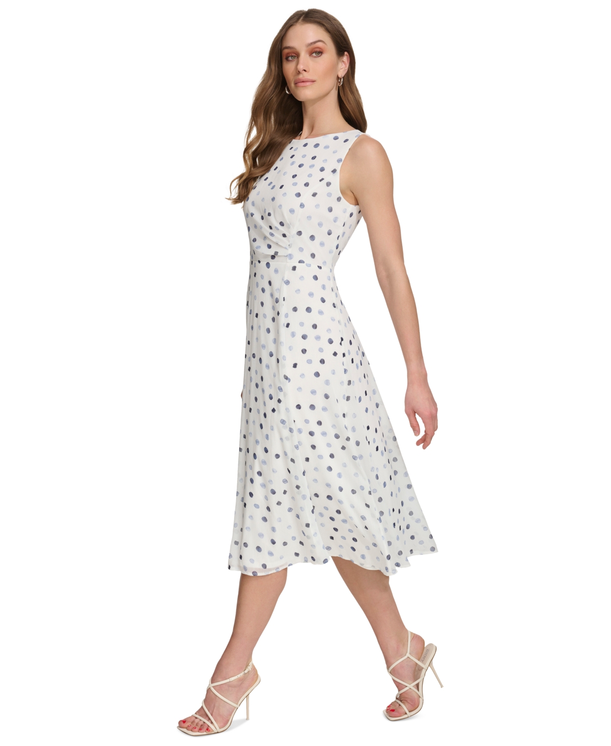 Shop Dkny Women's Dot-print Sleeveless Midi Dress In Silver,navy