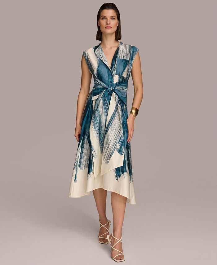 Printed Cap Sleeve Tie Waist Dress main image 0