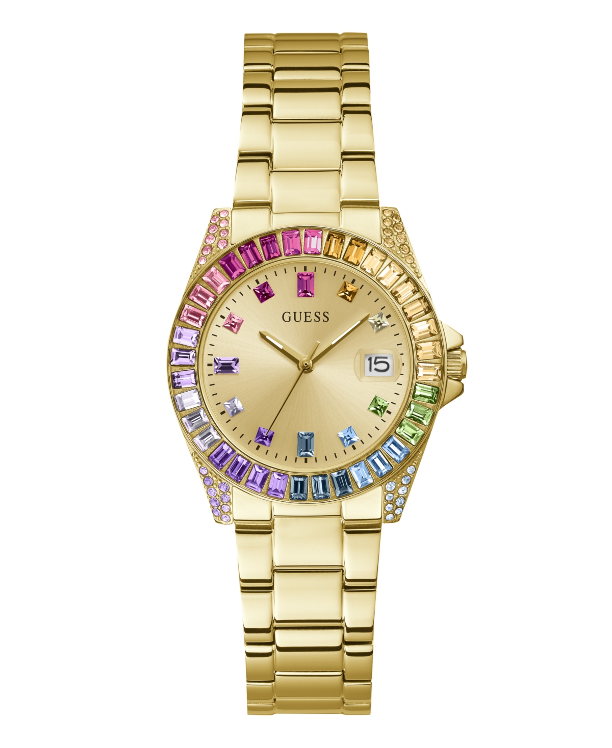 Shop Guess Women's Date Gold-tone Stainless Steel Watch, 34mm In Gold Tone