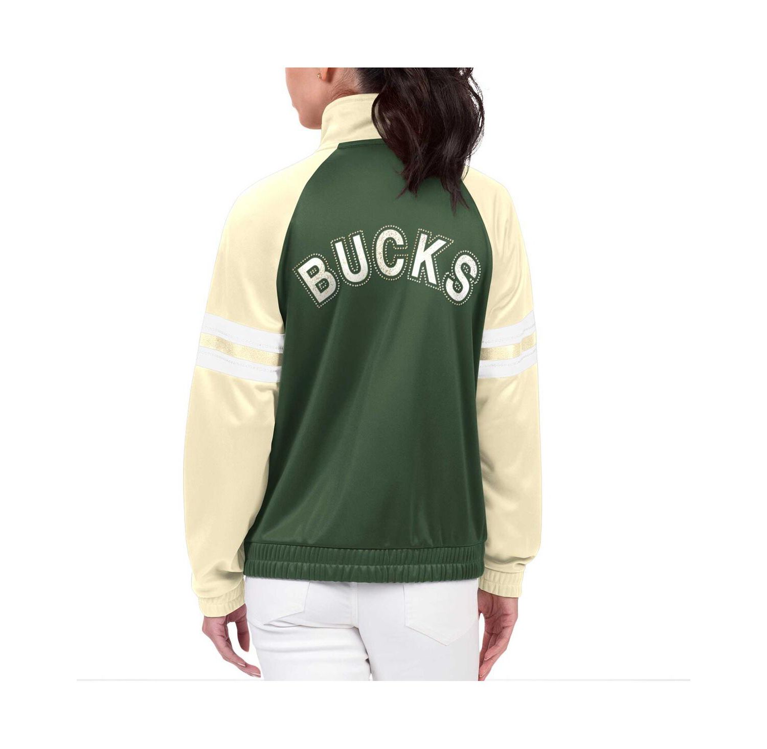 Women's Hunter Green Milwaukee Bucks Main Player Raglan Rhinestone Full-Zip Track Jacket