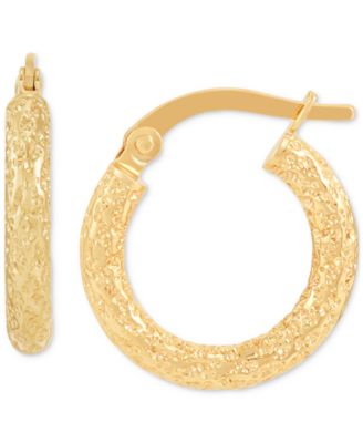 Italian Gold - Textured Tube Small Hoop Earrings in 10k Gold, 0.63"