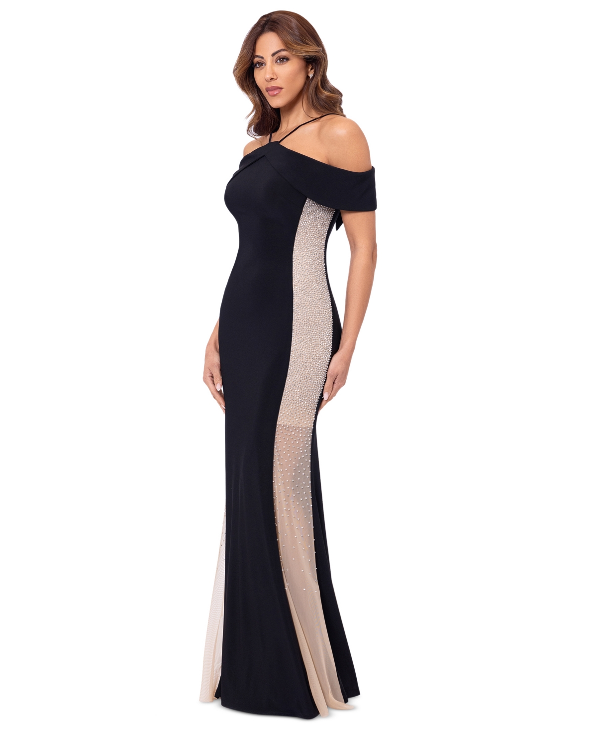 Xscape black and gold dress best sale