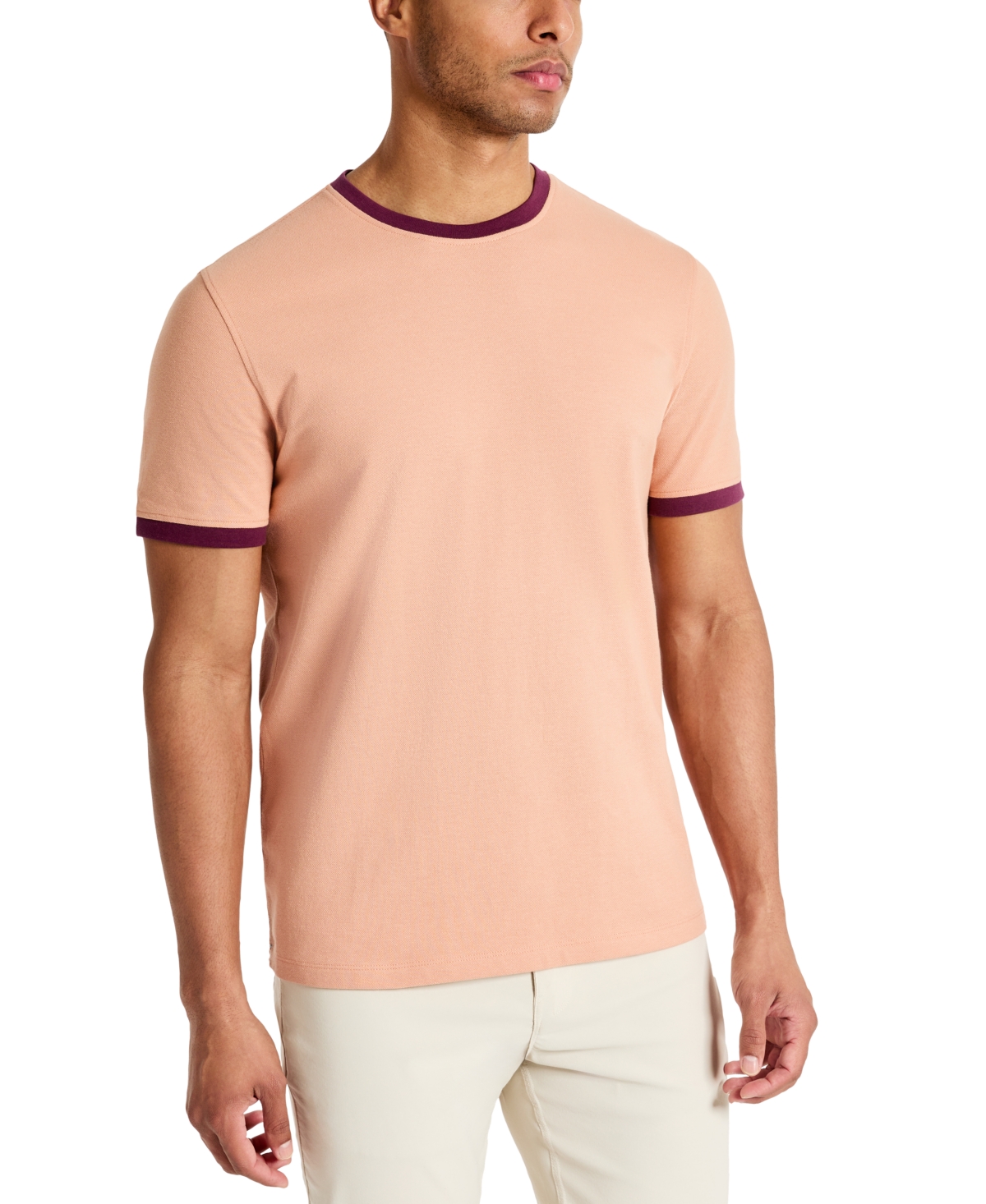 Shop Kenneth Cole Men's Contrast-trim Textured Short Sleeve T-shirt In Coral