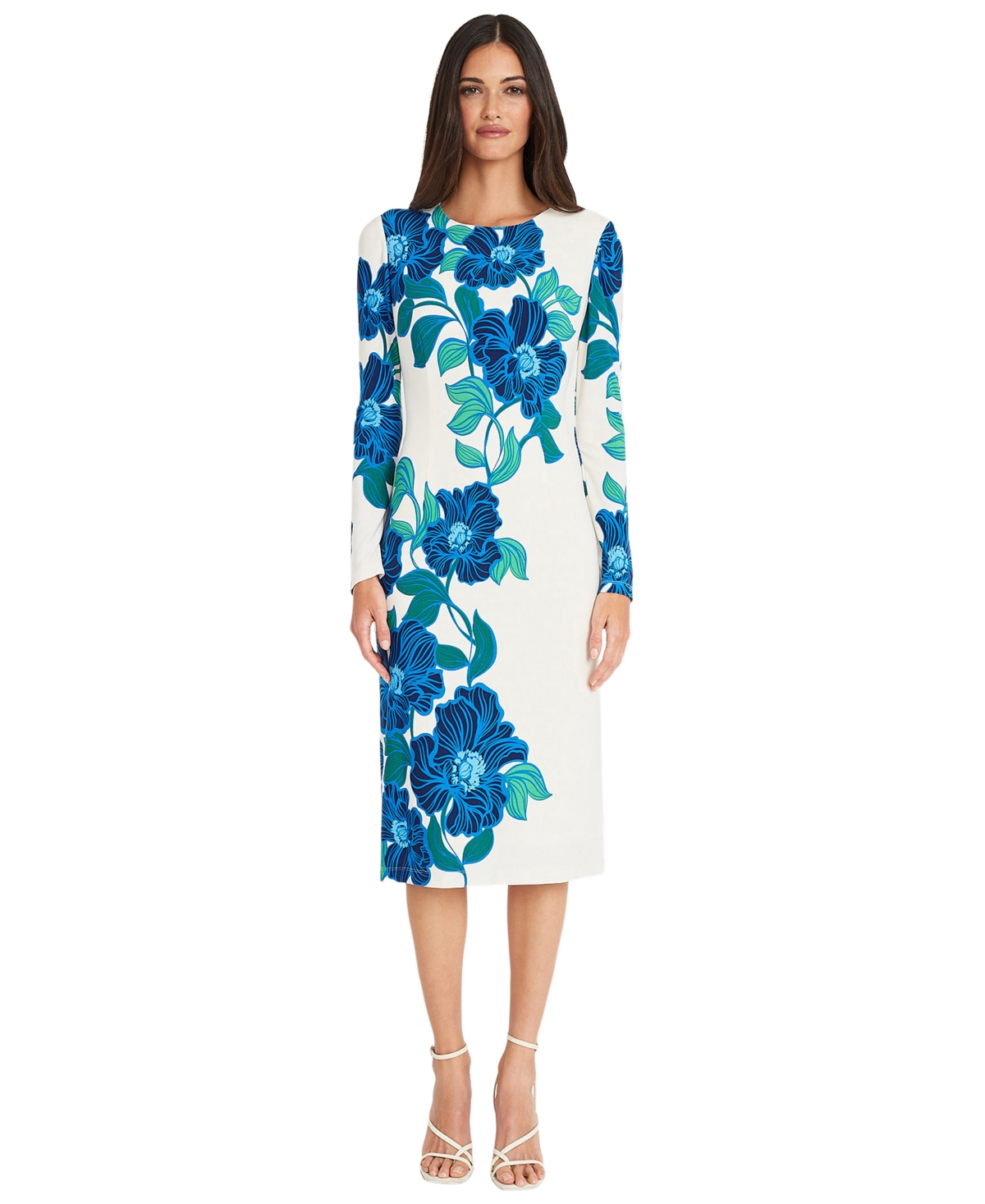 Women's Floral Long-Sleeve Midi Dress - Soft White/Cobalt