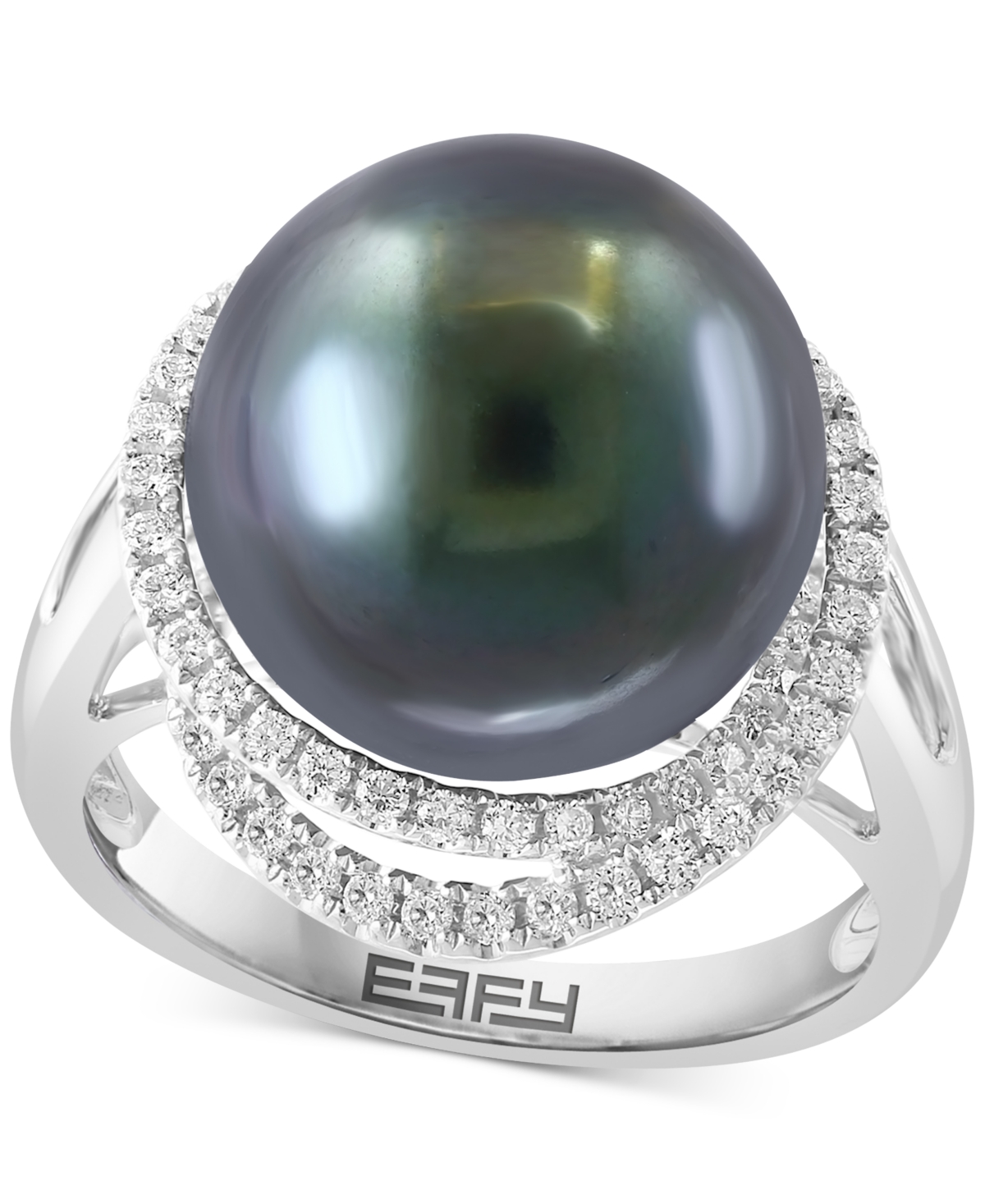 Shop Effy Collection Effy Black Tahitian Pearl (13mm) & Diamond (1/4 Ct. T.w.) Double Halo Statement Ring In 14k White Go In White Gold