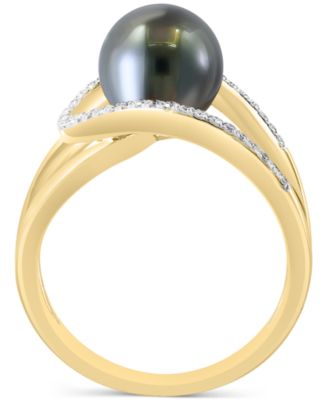 EFFY&reg; Black Tahitian Pearl (8mm) & Diamond (1/6 ct. t.w.) Abstract Openwork Statement Ring in 14k Gold