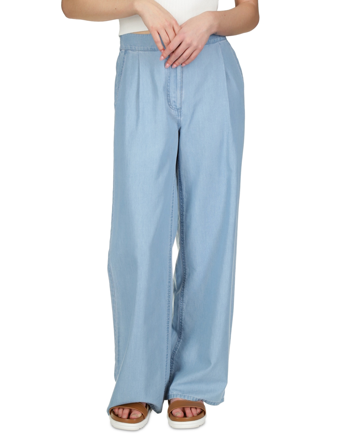 Shop Michael Kors Michael  Petite Chambray Elastic-back Wide-leg Pull-on Pants In Sky Blue Wash