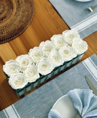 Pure White Long Lasting Preserved Real Roses in Modern Mirrored Centerpiece Vase, 12 Roses