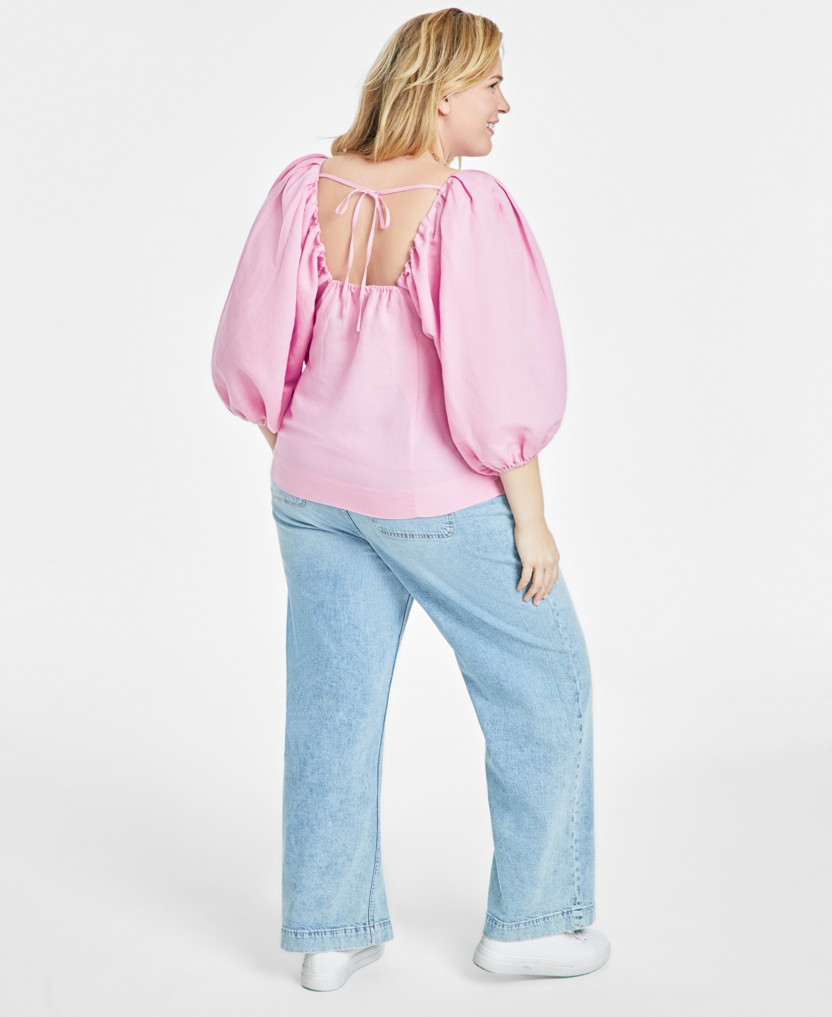 On 34th Trendy Plus Size Linen-Blend Volume-Sleeve Top, Created for Macy's