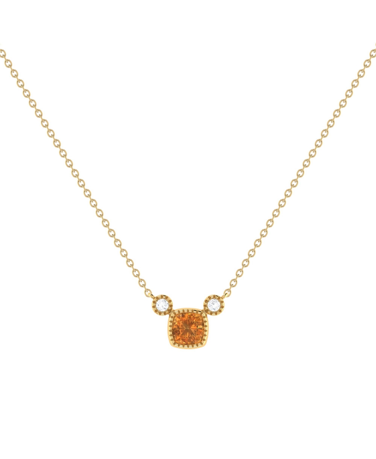 Cushion Cut Citrine Gemstone, Natural Diamond 14K Yellow Gold Birthstone Necklace - Yellow