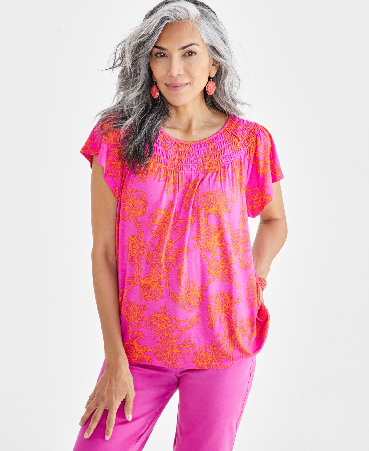 Shop Style & Co Women's Printed Smocked-neck Knit Top, Created For Macy's In Iris Tulip