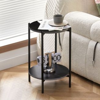 Simplie Fun 2-Layer End Table With Whole Marble Tabletop, Round Coffee ...