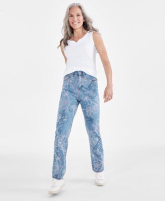 Style & Co - Petite High Rise Floral Print Straight-Leg Jeans