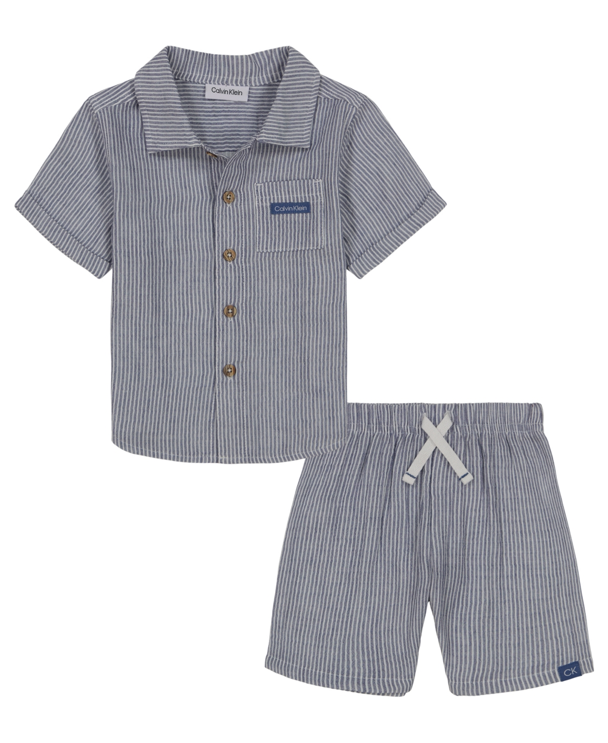 Shop Calvin Klein Baby Boys Striped Gauze Shirt And Shorts Set, 2 Piece Set In Navy Stripe