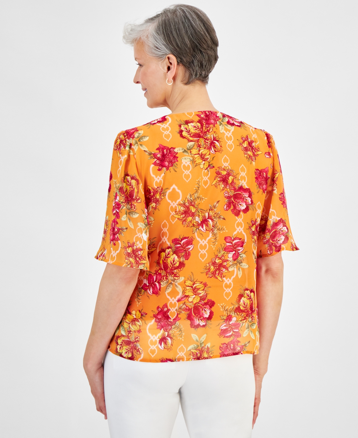 Shop Jm Collection Petite Floral-print Flutter-sleeve Necklace Top, Created For Macy's In Santa Fe Sun Combo