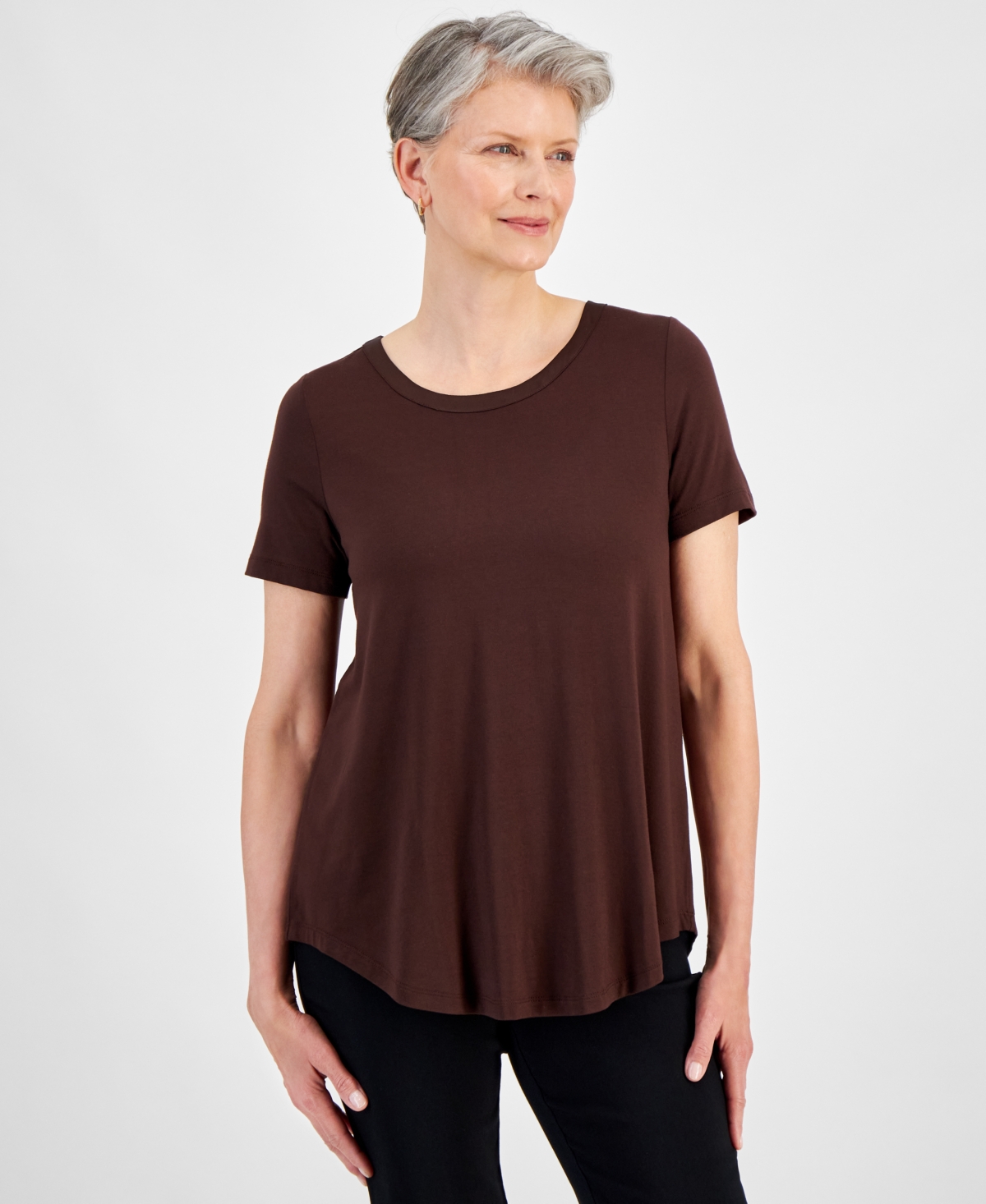 Shop Jm Collection Women's Satin-trim Knit Short-sleeve Top, Created For Macy's In Firewood