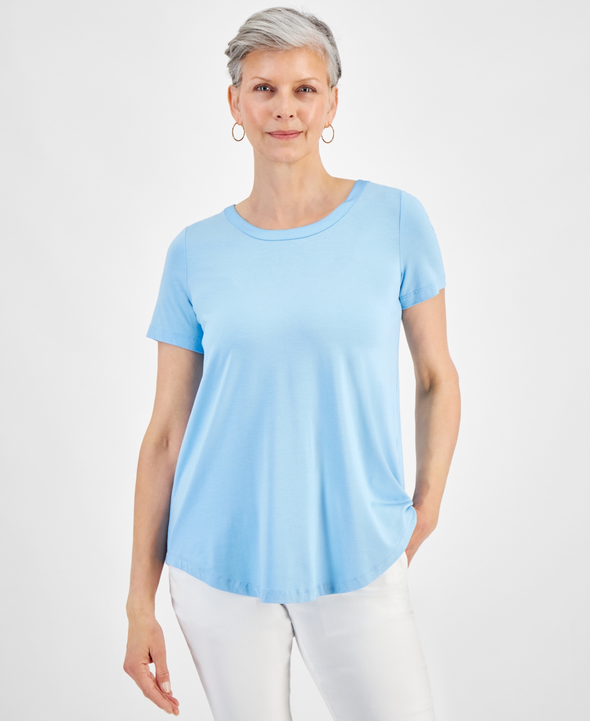 Shop Jm Collection Women's Satin-trim Knit Short-sleeve Top, Created For Macy's In Icicle Blue