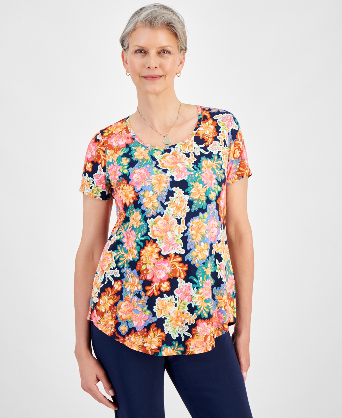 Shop Jm Collection Women's Scoop-neck Short-sleeve Printed Knit Top, Created For Macy's In Intrepid Blue Combo