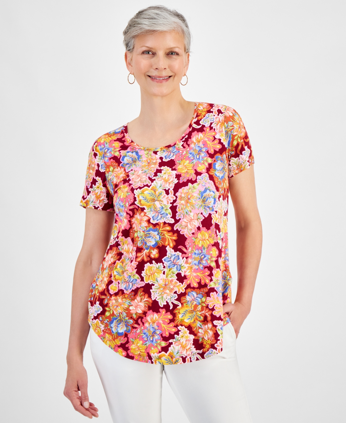 Shop Jm Collection Women's Scoop-neck Short-sleeve Printed Knit Top, Created For Macy's In Ruby Slippers Combo