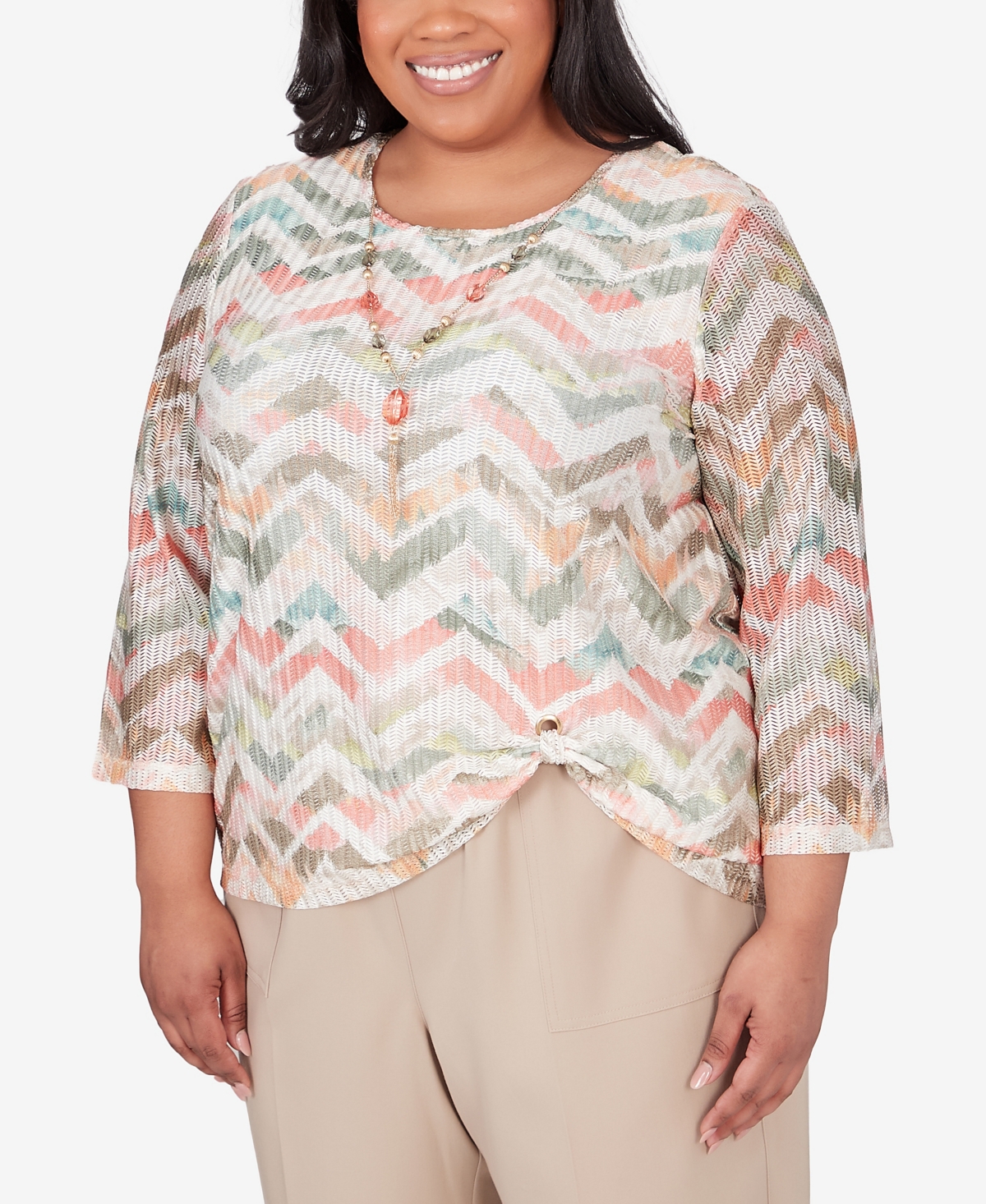 Alfred Dunner Plus Size Tuscan Sunset Textured Chevron Top with Twisted Detail
