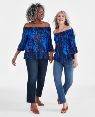 売れ筋商品|||スタイルアンドコー カットソー トップス レディース Women's Printed On-Off Shoulder Top, Exclusively at Macy's Blue Combo 27480288_fpx.tif?$filterlrg$&