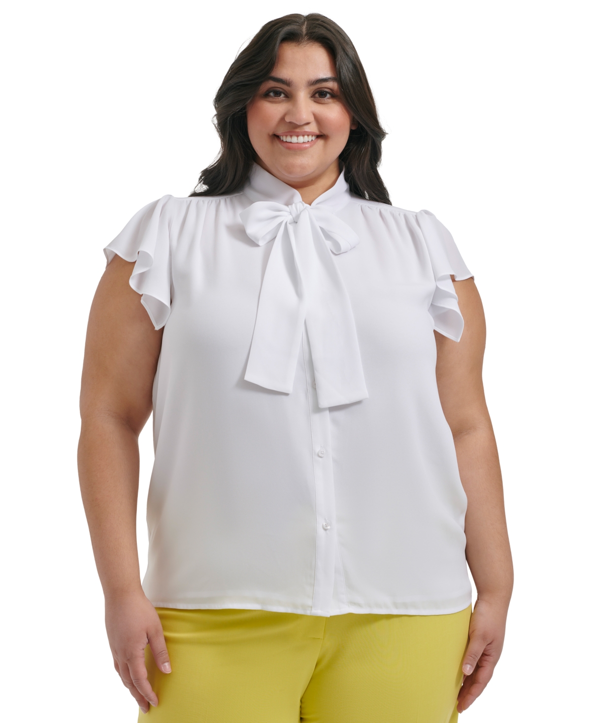 Shop Calvin Klein Plus Size Solid-color Tie Cap-sleeve Blouse In White