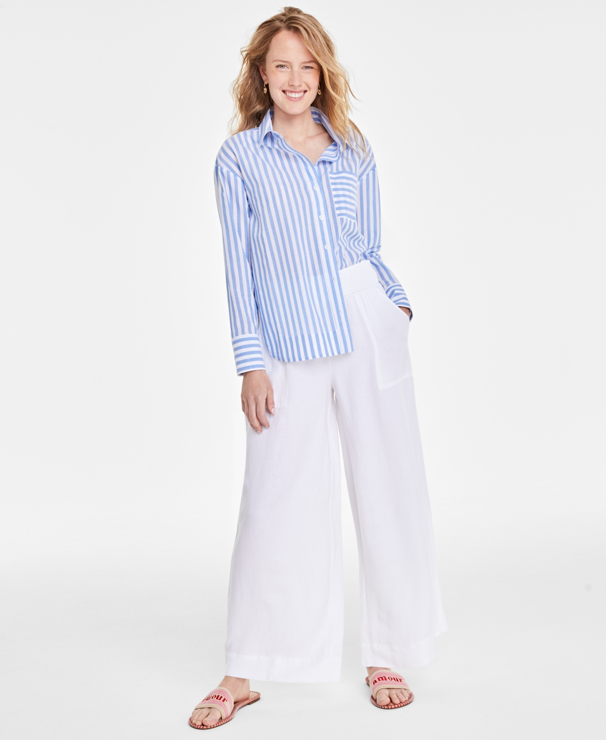 Shop On 34th Women's Stripe Relaxed-fit Shirt, Created For Macy's In Regatta Combo