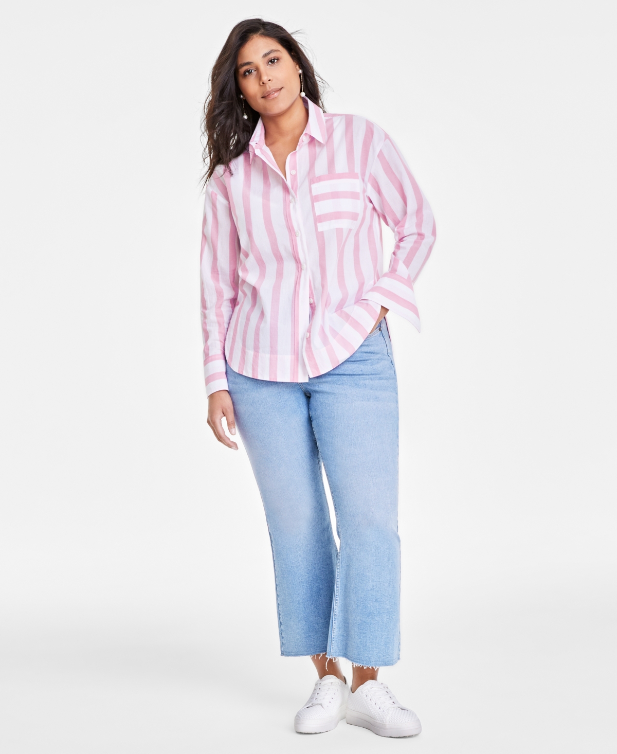 Shop On 34th Women's Wide Stripe Relaxed-fit Shirt, Created For Macy's In Pink Lilac Combo
