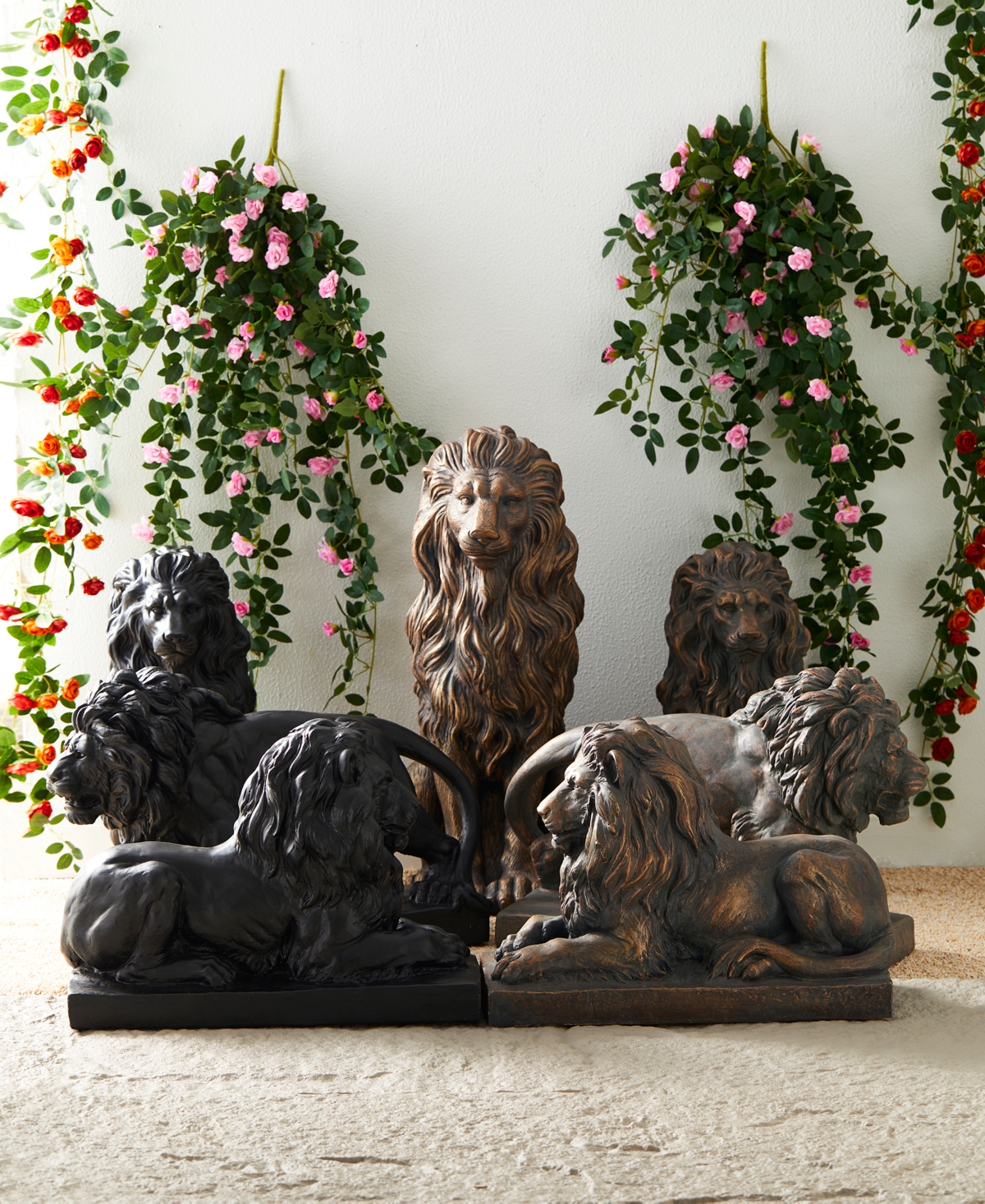 Glitzhome Set Of 2 Oversized Bronze Sitting Lion Garden Statue In Bronze