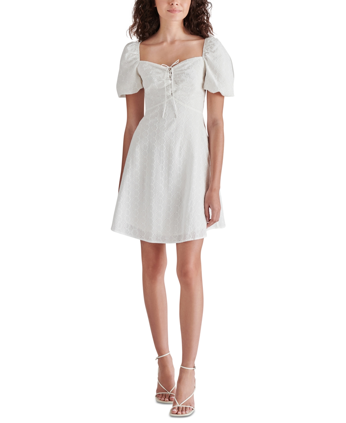 Women's Violeta Lace-Up Eyelet Puff-Sleeve Cotton Dress - White