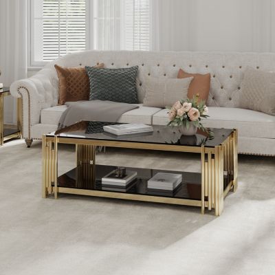 Golden Stainless Steel Double Layer Coffee Table With Glass Top