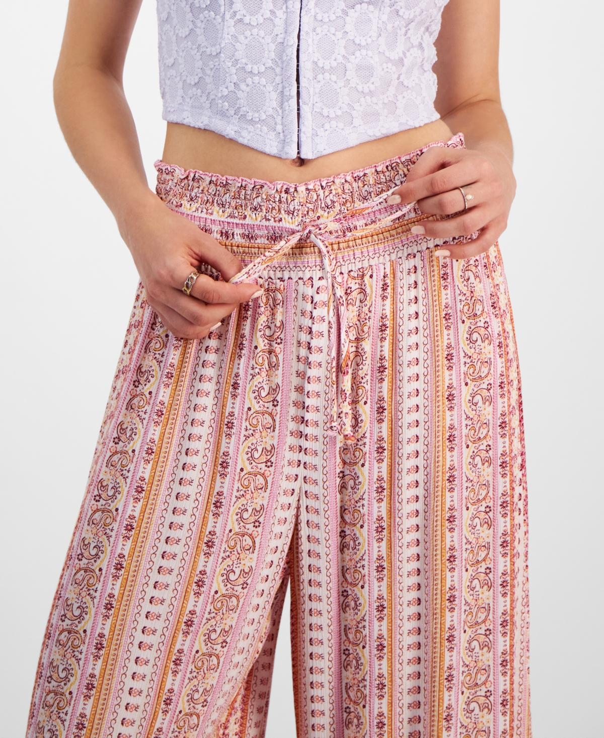 Shop Kingston Grey Juniors' Printed Drawstring Gaucho Pants In Pink,multi