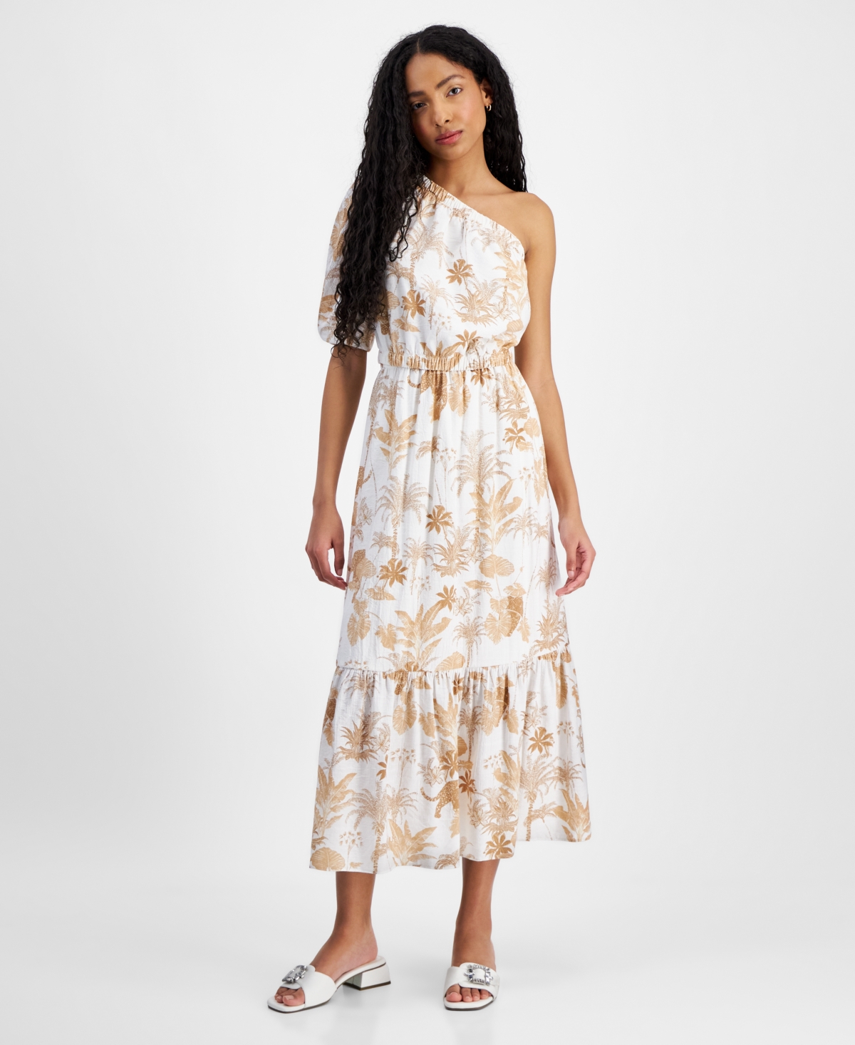 Women's Printed One-Shoulder Midi Dress - Egret/dese