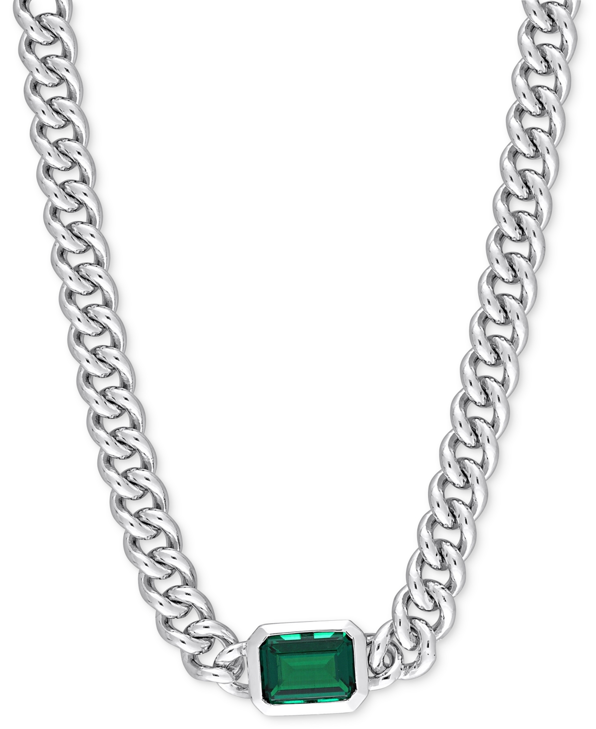 Shop Macy's Lab-grown Emerald Curb Link Collar Necklace (7/8 Ct. T.w.) In Sterling Silver