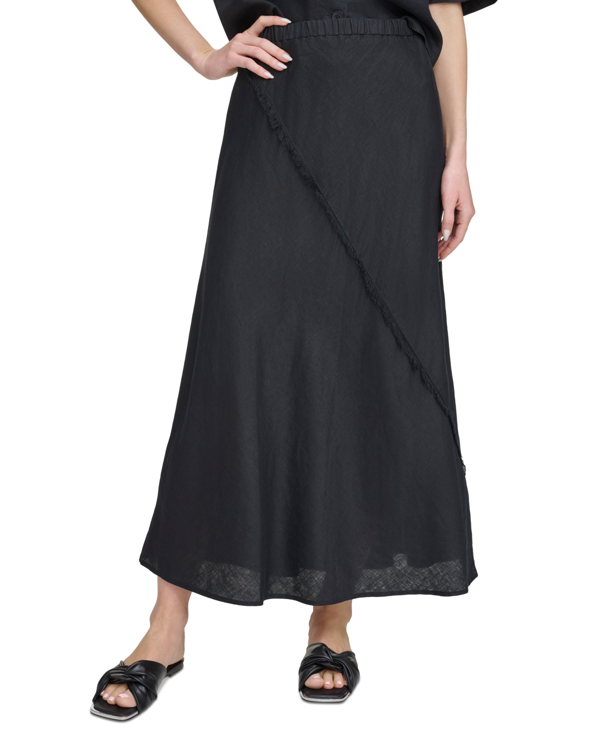 Shop Dkny Women's Pull-on Fringe-trim Linen Skirt In Black